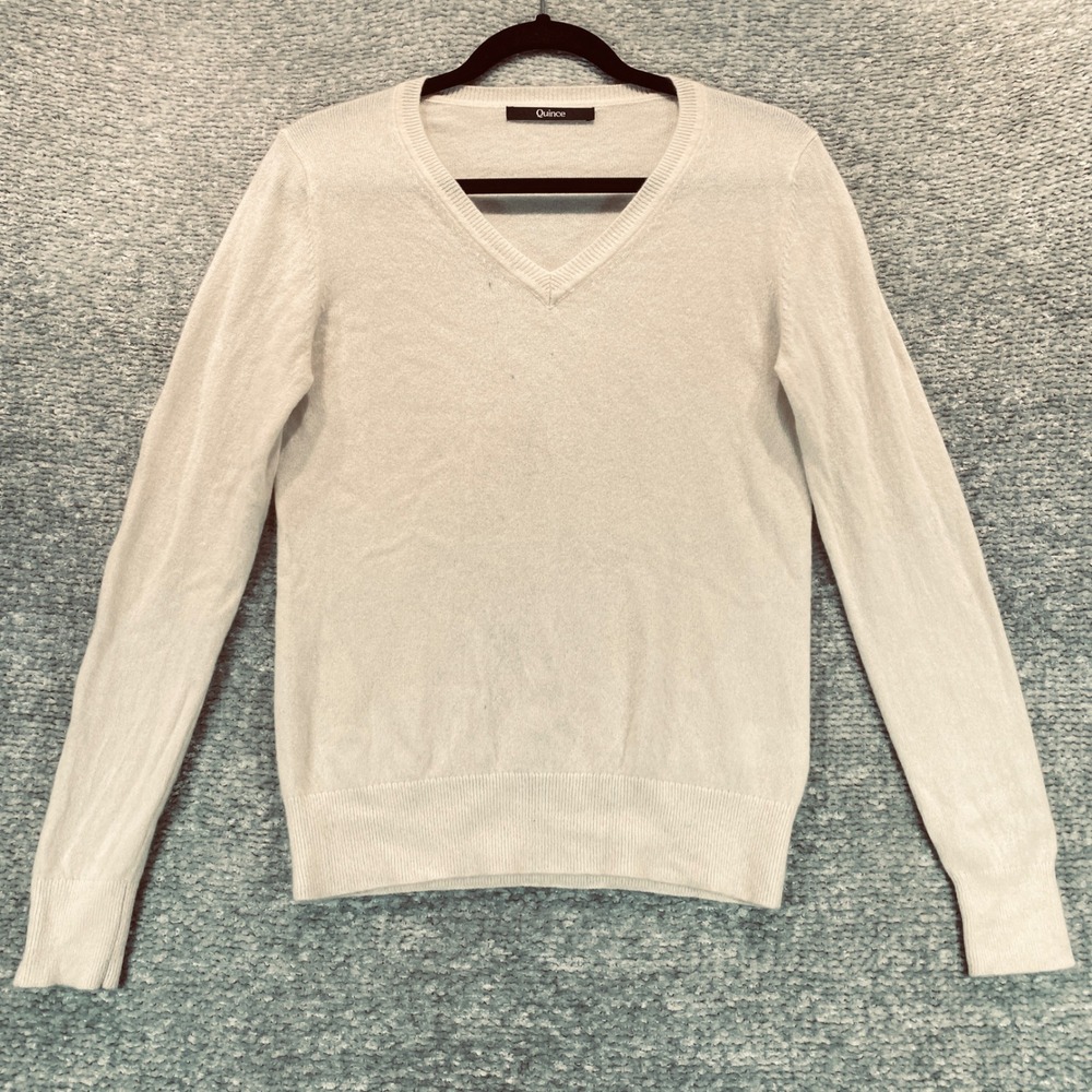 Quince 100% Cashmere V Neck Sweater Cream Size S see photos - Picture 1 of 7